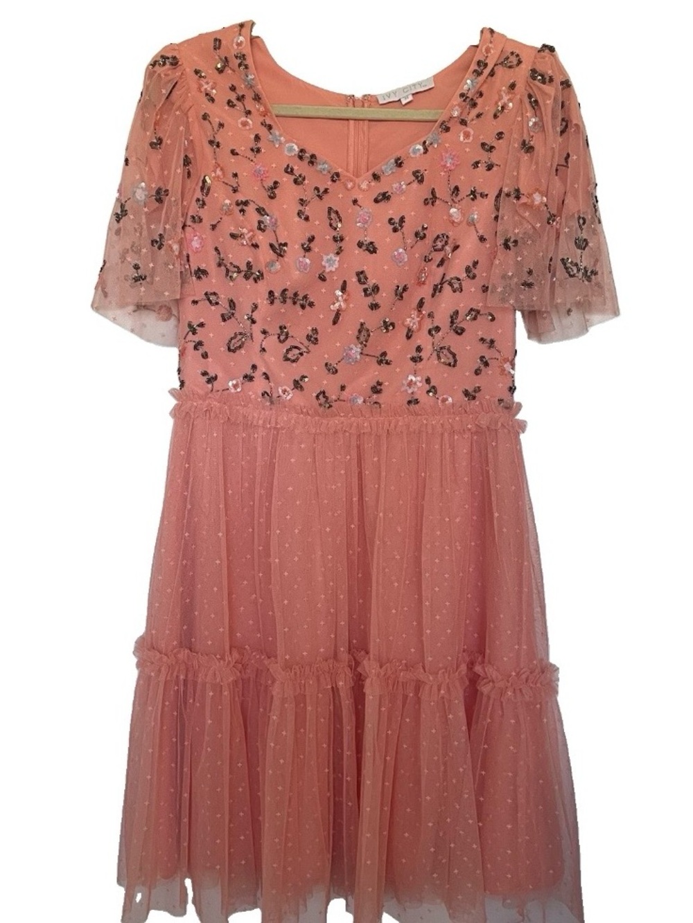 IVY CITY CO M Dress Milan Peach Floral Tulle Embroidered Cottagecore Coquette